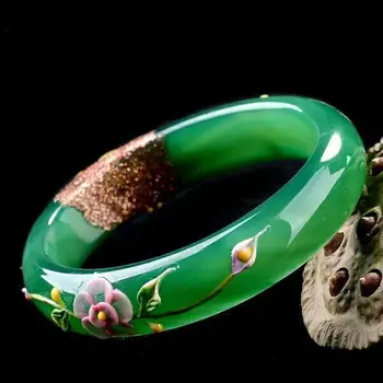 Натуральные зеленые браслеты с цветным рисунком, браслеты с павлином и цветами, браслеты в подарок для женщин, ювелирные изделия из нефрита.