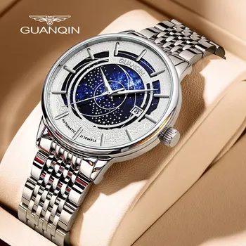 GUANQIN Мужские стальные автоматические наручные часы со звездным циферблатом 21 Драгоценный камень Механические Часовые мужские Модные часы из светящегося стекла с водонепроницаемым покрытием