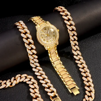 Хип-хоп Ожерелье с цепочкой Iced Out, браслет для часов, для женщин, мужчин, с покрытием из блестящих страз, Кубинское колье-цепочка, модные украшения