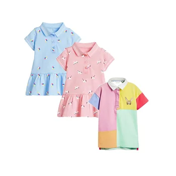 Летние платья для девочек с контрастным воротником-поло, детские повседневные платья, детская одежда с вышивкой кролика
