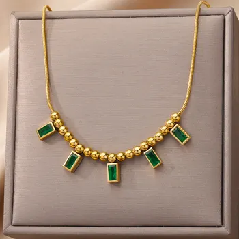 Винтажные ожерелья с геометрическими подвесками из зеленого Циркона для женщин, цепочки из нержавеющей стали, позолоченные бусины, Ошейник, ожерелье, Подарок ювелирных изделий