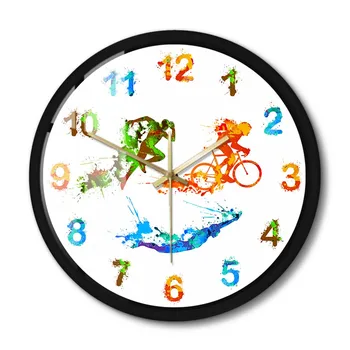 Настенные часы в металлической рамке для триатлона, плавание, Велоспорт, Бег, Домашний декор для триатлета, Бесшумные Настенные Часы для спальни
