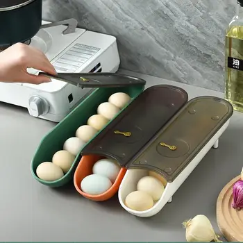 Коробка для яиц Для холодильника, Корзина для яиц с автоматической прокруткой вниз, с крышкой, Пластиковые клецки, Интеллектуальные контейнеры для хранения яиц с противоскользящим покрытием