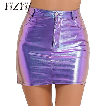 Металлическая мини-юбка-карандаш с высокой талией, облегающая мини-юбка, женская Сексуальная женская глянцевая фиолетовая юбка-карандаш, модная уличная одежда, клубная одежда