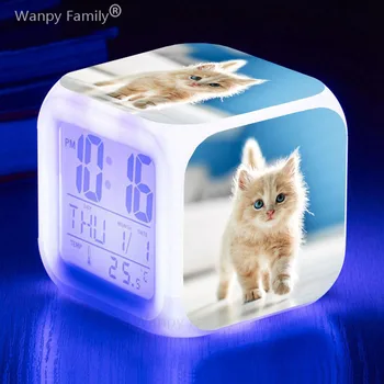 Милый котенок, 7 цветов, меняющий светодиодный цифровой будильник, сенсорный таймер пробуждения для спальни студента, настольные часы для домашней кошки