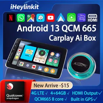 QCM665 Android 13 Беспроводной Carplay Ai Box Android Auto 4 + 64 ГБ IPTV YouTube Netflix 4G LTE HDMI Выход TV Play для Ford VW Toyota