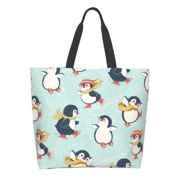 Сумка для покупок с забавными пингвинами, многоразовая сумка для катания на коньках с пингвинами, сумка через плечо с милыми пингвинами, повседневная легкая сумка большой емкости