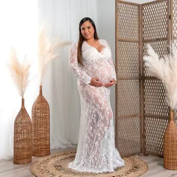 Женское кружевное платье для беременных с длинными рукавами, богемное платье для выпускного вечера, платья для душа в стиле ампир длиной до пола