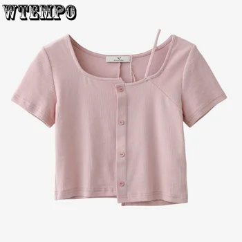 Розовая футболка с коротким рукавом, нерегулярный слинг, квадратный вырез, женский укороченный топ, Тонкая красотка, Элегантный дизайн, Горячая Корейская мода, Лето