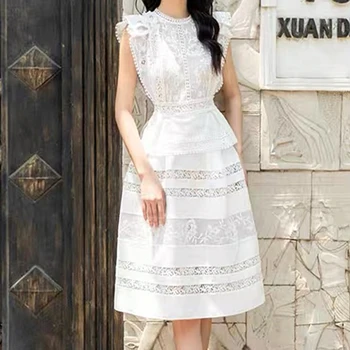 Белые кружевные вечерние платья для женщин 2023, платье в стиле пэчворк без рукавов с круглым вырезом, Облегающее женское летнее платье с оборками, крючок для одежды, цветок