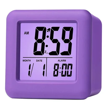 Цифровой будильник с функцией повтора Светодиодный ночник для спальни Маленький письменный стол Прикроватные дорожные часы с дисплеем времени и даты Фиолетовый
