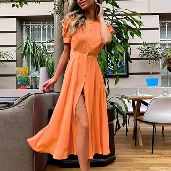 Классическое женское летнее платье с разрезом 2023 Оранжевого цвета, элегантные платья макси с круглым вырезом, офисные женские праздничные платья на пуговицах для женщин