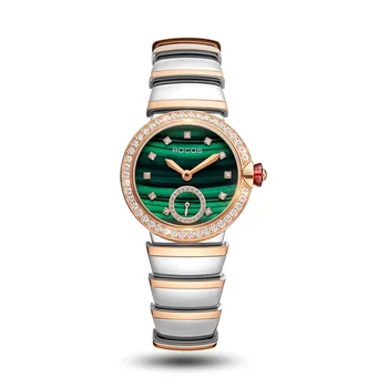 Женские роскошные часы ROCOS, женские автоматические механические наручные часы, Сапфировое зеркало, Австрийский хрусталь, Стальной ремешок, зеленый циферблат с павлином