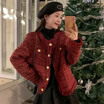 ZCSMLL, Рождественская красная куртка, Женская 2023, Осень-зима, круглый вырез горловины, длинный рукав, однотонное винтажное модное женское пальто