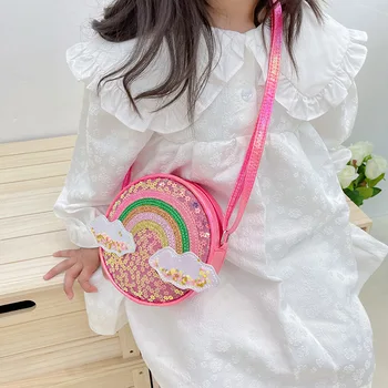 Детская лазерная круглая сумка в корейском стиле, новинка 2023 года, мини-сумка через плечо для маленьких девочек, мультяшный кошелек для монет с радужными блестками, Кошелек для малышей