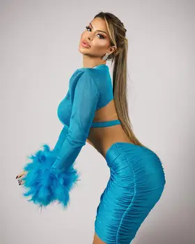 Новый синий цвет, женское сексуальное мини-платье с длинным рукавом, 2 предмета, облегающее мини-платье, бандаж, модные перья, платье для празднования вечеринки в ночном клубе