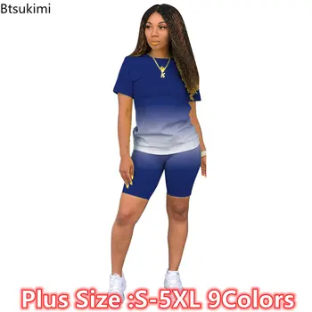 Большие размеры 4XL 5XL Повседневные комплекты с коротким рукавом для женщин, комплекты летних спортивных костюмов с градиентом, женские мягкие комплекты из двух предметов, женские наряды