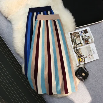 Винтажная полосатая трикотажная юбка Женская средней длины, эластичная, с высокой талией, трапециевидная плиссированная юбка, женские юбки-зонтики, осень-зима