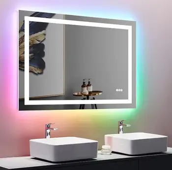 Светодиодное зеркало для ванной Комнаты с Подсветкой 48x32 дюйма, Передняя Подсветка и Цветная RGB-подсветка, Защита от Запотевания, Небьющаяся 8-Цветная Подсветка С Памятью