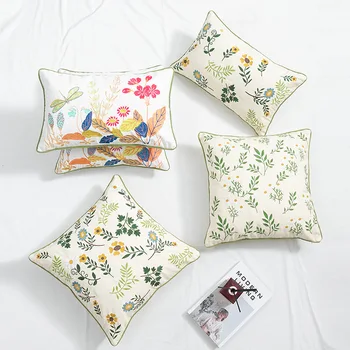 Чехлы для диванных подушек с цветами растений, Хлопчатобумажные чехлы с вышивкой в виде стрекозы 45x45 см