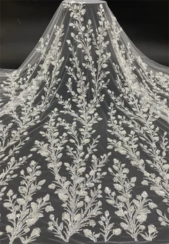 Цена за 1 ярд Изысканная сетчатая ткань из искусственного шелка с белыми блестками и бисером, дизайнер свадебного платья, ткань 2023