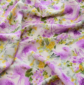 Французская фиолетовая цветастая шелковая креп-шифоновая ткань, весенне-летняя ткань с принтом, непрозрачная и мягкая