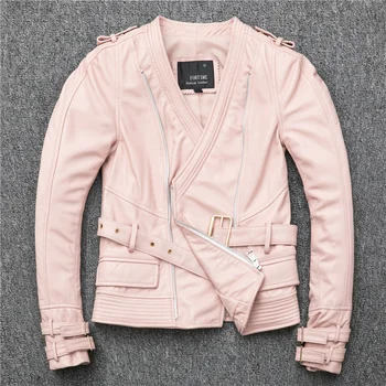 натуральное роскошное женское кожаное пальто нового стиля 2023 года выпуска.распродажи.модная тонкая куртка из овчины. street pink motor jacket.la