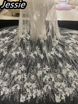 Роскошная Европейская вышивка 2023 года, Трехмерный атлас, расшитый бисером, кружевной тюль с блестками, ткань для вечернего платья, свадебное платье