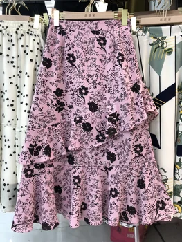 Новая женская юбка в стиле Ретро, летняя мода, Повседневные нерегулярные оборки, Отстрочка, Тонкая юбка средней длины трапециевидной формы с высокой талией и разрезом