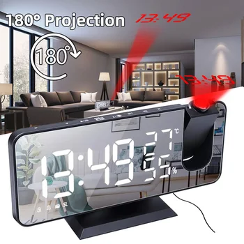 Светодиодный цифровой смарт-будильник с проекцией 180 °, настольные часы с USB-зарядкой, электронное FM-радио, часы для пробуждения, функция повтора.