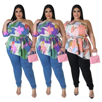 2023 Плюс Размер Летняя женская футболка с принтом, Праздники, Богемный стиль, Одно плечо, Тонкая талия, Нерегулярные Модные топы