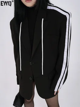 [EWQ] Черный женский блейзер С зубчатым воротником, длинным рукавом и завязками, свободный костюм с цветными блоками, женская модная осенняя одежда, Новинка
