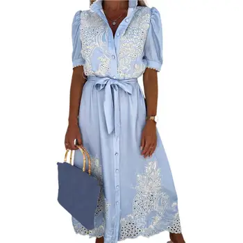 Популярное пляжное платье с воротником-стойкой и пуговицами, Летнее однобортное платье с большим подолом.