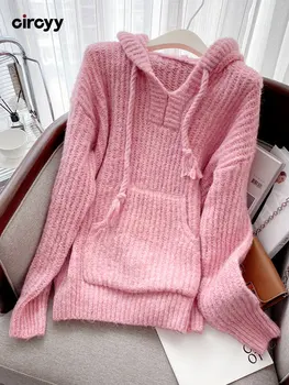 Темно-розовый свитер, Женские Пуловеры, вязаные повседневные модные Корейские шикарные Осенне-зимние джемперы, Свободная одежда
