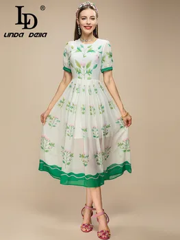 Модное платье LD LINDA DELLA 2023 для летних каникул Женское дизайнерское платье Миди с коротким рукавом и элегантным цветочным принтом трапециевидной формы