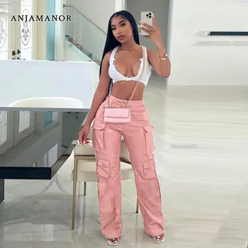ANJAMANOR/ Розовые брюки-карго из искусственной кожи Y2k, Уличная мода, Свободные женские брюки с высокой талией, низы 2023 D87-FD45