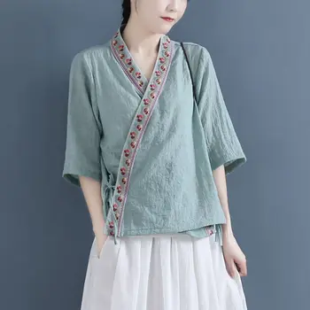 Женская рубашка из хлопка 2021, Летний кардиган с вышивкой, V-образный вырез, Модная Повседневная женская блузка с коротким рукавом YoYiKamomo