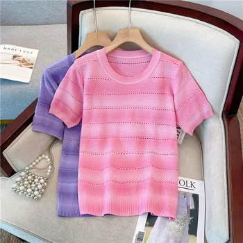 Летняя футболка из полого трикотажа Ice Silk, свитер для женщин, модный свободный элегантный трикотаж в цветную полоску, 2023, Летние женские топы, футболка