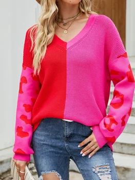 LiTi новый женский модный пуловер с контрастным леопардовым V-образным вырезом и свитером осенью и зимой 2022 года