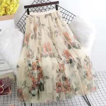 Винтажная юбка из тюля, летние женские эластичные сетчатые плиссированные юбки с высокой талией, элегантная Женская юбка миди с цветочным принтом в корейском стиле трапециевидной формы