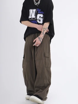 2023, Новые женские однотонные брюки-карго с несколькими карманами, Эластичная Высокая талия, Прямые широкие женские брюки, уличная одежда в стиле хип-хоп.