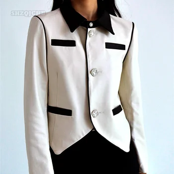 Женская куртка из натуральной кожи 2022, Корейская Черно-белая Контрастная Цветная строчка, Регулярный подол, Однобортная дубленка