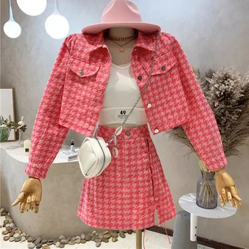 Осенняя уличная мода, Ковбойский комплект из двух предметов в клетку, женский джинсовый укороченный топ, короткая куртка, пальто + Бандажная юбка, костюмы из 2 предметов
