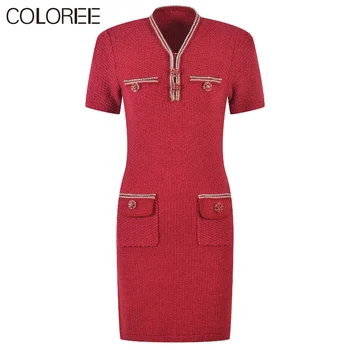 Дизайнерское платье для подиума, Женское Летнее элегантное роскошное платье-свитер с хрустальными пуговицами, Красное Vestidos De Fiesta