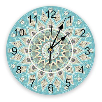 Декоративные круглые настенные часы с цветами Мандалы, дизайн с арабскими цифрами, Не тикающие настенные часы, большие для спальни, ванной комнаты