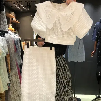 OCEANLOVE/ Весенне-летний комплект из двух предметов для женщин, кружевные однотонные Корейские модные юбки, комплекты с оборками, Элегантные винтажные женские комплекты