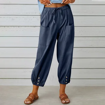2023 Новые женские брюки свободного кроя, хлопковые льняные брюки на пуговицах с высокой талией, укороченные брюки для женщин большого размера