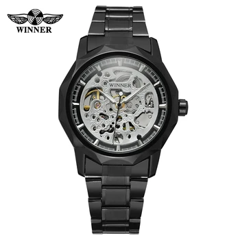 Модные мужские и женские часы WINNER деловые часы с черным ремешком из нержавеющей стали, автоматические механические наручные часы