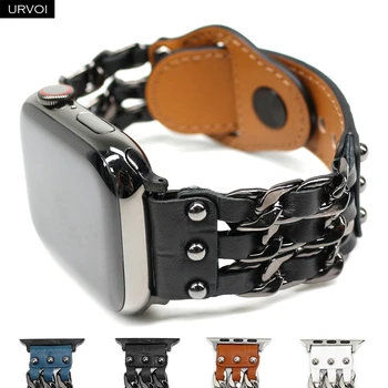 URVOI ремешок для Apple Watch серии 7 6 SE5432 ремешок из натуральной кожи для iWatch 40 44 мм дизайн цепочки для ногтей крокодил в стиле панк