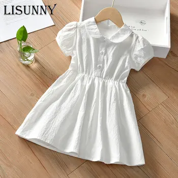 2023 Летнее Белое платье для маленьких девочек, детское повседневное платье, платье принцессы с коротким рукавом, Хлопковая детская одежда с воротником 